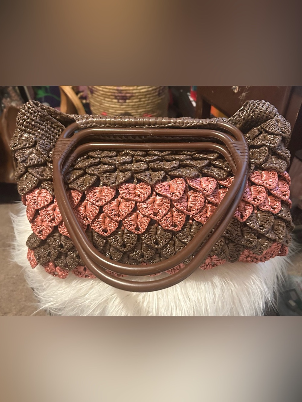 Brown and Pink Crochet Shoulder Bag with Sturdy Handles